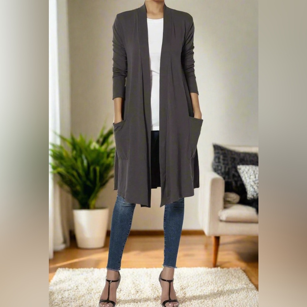 Small NEW Womens Gray Pocket Cardigan, Long Sweater Duster - Picture 2 of 6